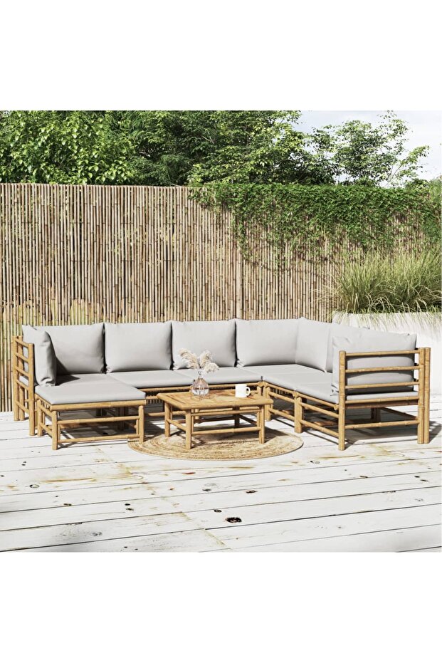 8 Piece Garden Lounge Set with Light Grey Cushions Bamboo
