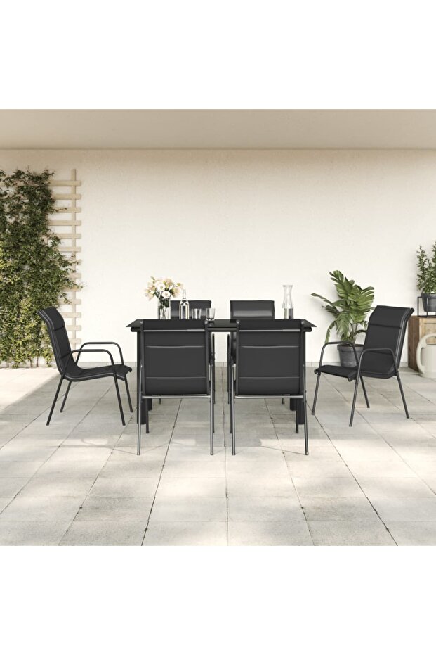 7 Piece Garden Dining Set Black Steel and Textilene