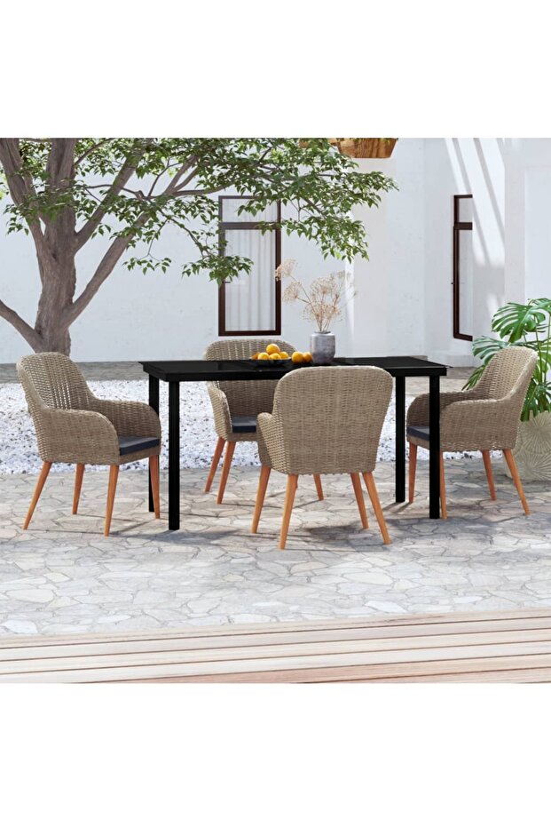 5 Piece Garden Dining Set with Cushions Brown