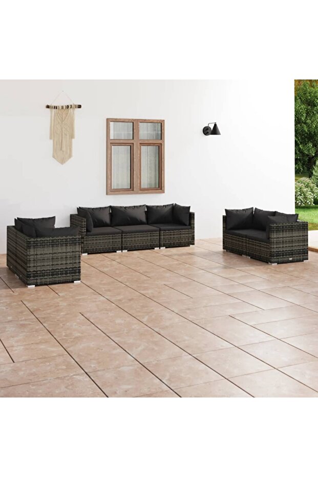 7 Piece Garden Lounge Set with Cushions Poly Rattan Grey