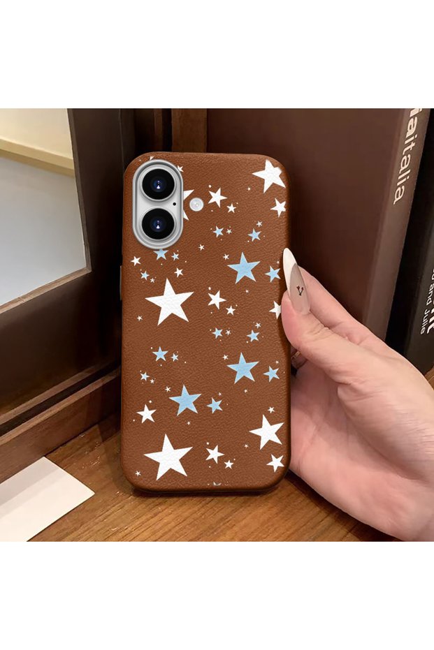 iPhone 16 Compatible Brown Leather Textured Silicone Protects Camera Shock-Absorbing Case Pentagonal Star