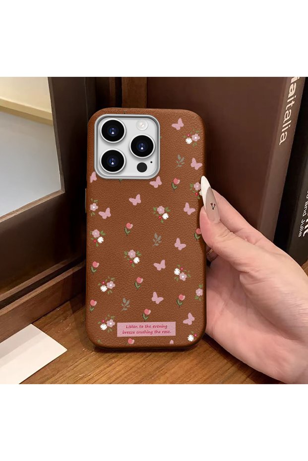 iPhone 16 Pro Compatible Brown Leather Textured Silicone Protects Camera Shock-Absorbing Case Flower