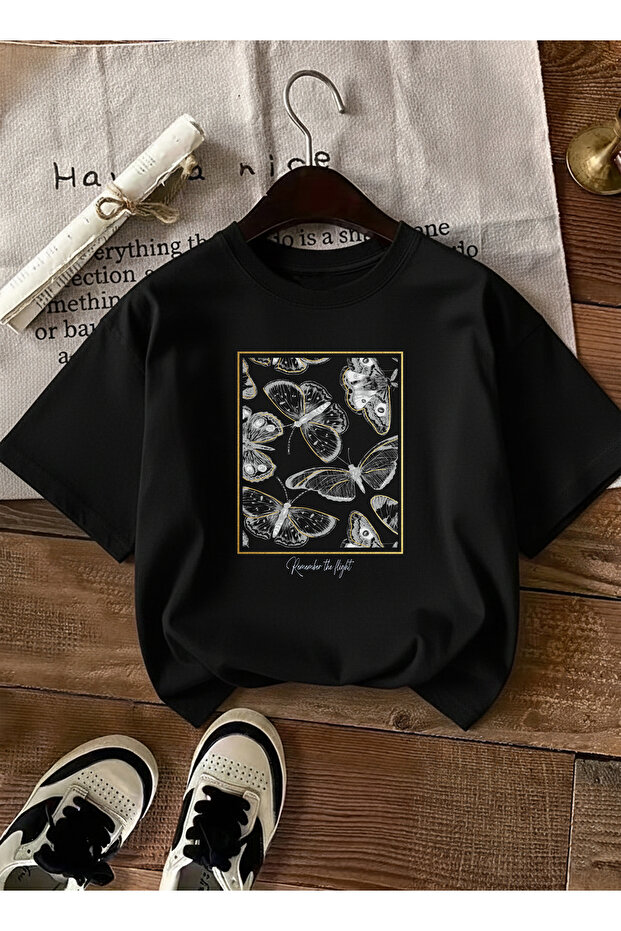 Women's Gold Framed Butterfly Patterned Black T-Shirt