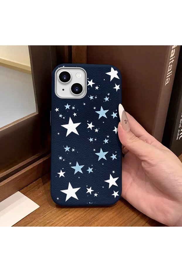 iPhone 15 Compatible Blue Leather Textured Silicone Protects Camera Shock-Absorbing Case Pentagonal Star