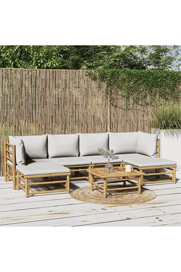 7 Piece Garden Lounge Set with Light Grey Cushions Bamboo