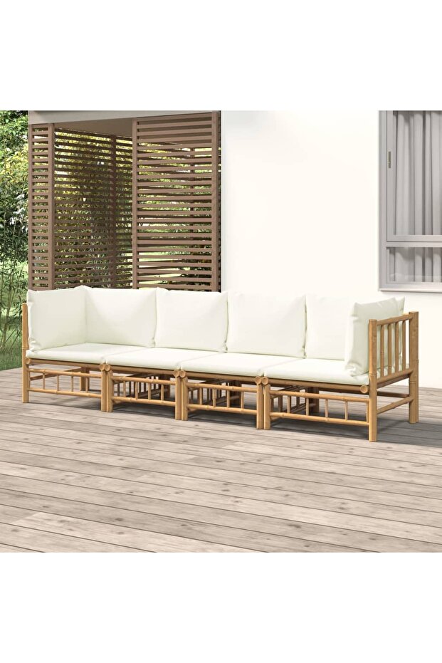 4 Piece Garden Lounge Set with Cream White Cushions Bamboo