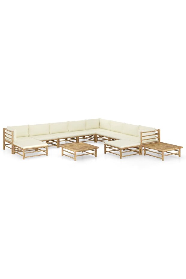 12 Piece Garden Lounge Set with Cream White Cushions Bamboo