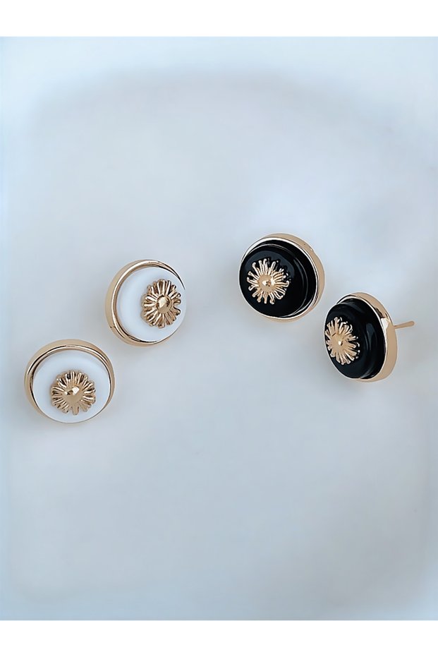 Women's Special Series Sun Detail Button Black & White Gold Earrings – Color Options Available – Gold - White