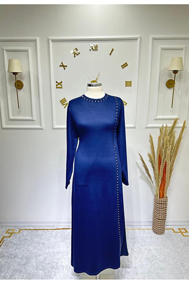 Women's Side Tie, Crystal Combed Fabric, Stone and Leather Detailed Dress