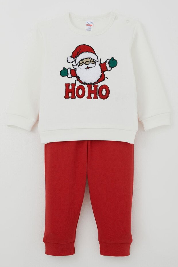 Baby Boy Pajama Set with Shoulder Patches, Plush Bearded Hoho Santa Claus, 4 Months-1 Year, Ecru