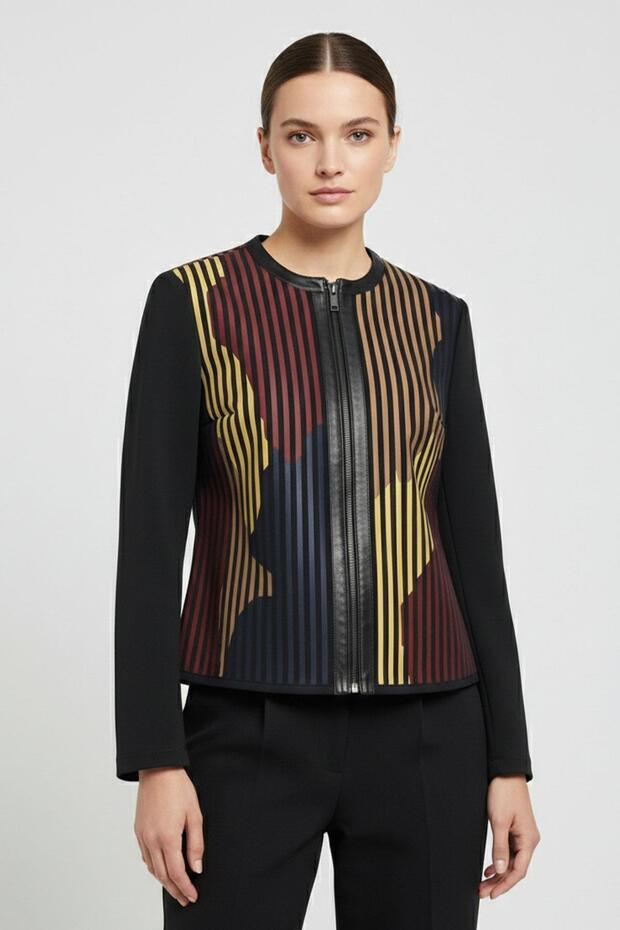Red Yellow Lona Leather on Tulle Printed Women's Genuine Leather Jacket