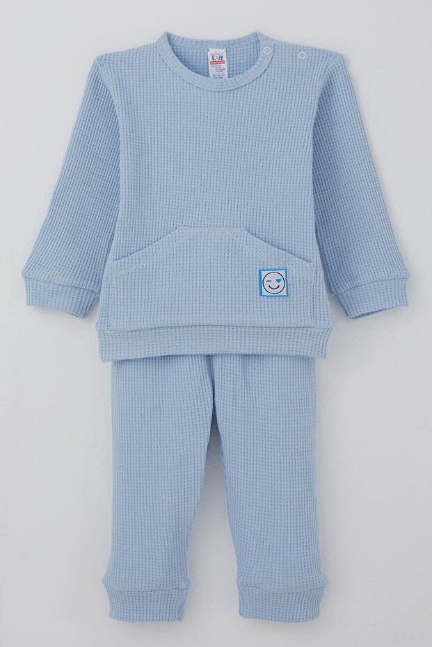Baby Boy Pajama Set with Kangaroo Pocket on the Shoulder, Smiling Face Emblem, 4 Months-1 Year, Light Blue