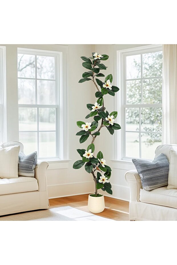 210cm S-Shape Artificial Rubber Tree with White Pot, with 8 Flowers, for Home, Living Room, Office