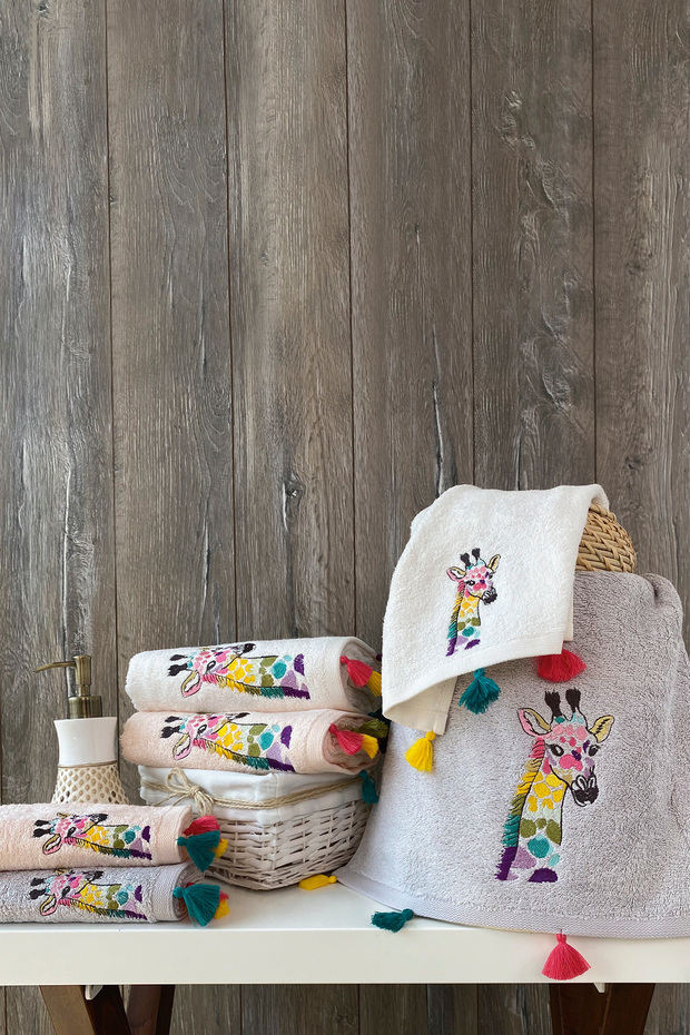 Giraffe - 70% Bamboo / 30% Cotton Embroidered Hand Towels - Set of 6 50X90