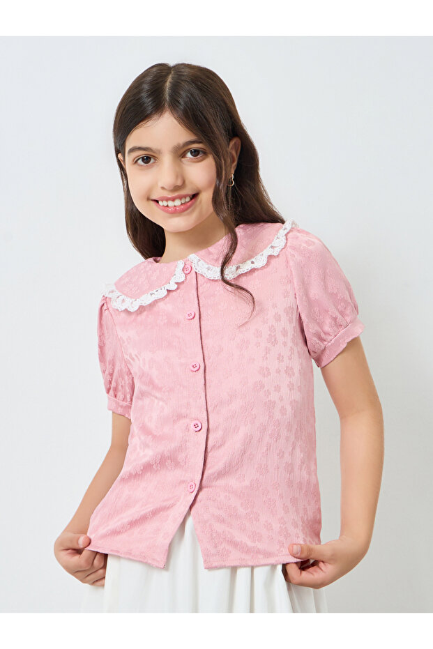 Girls Light Pink Jaquard Top with Lace Collar