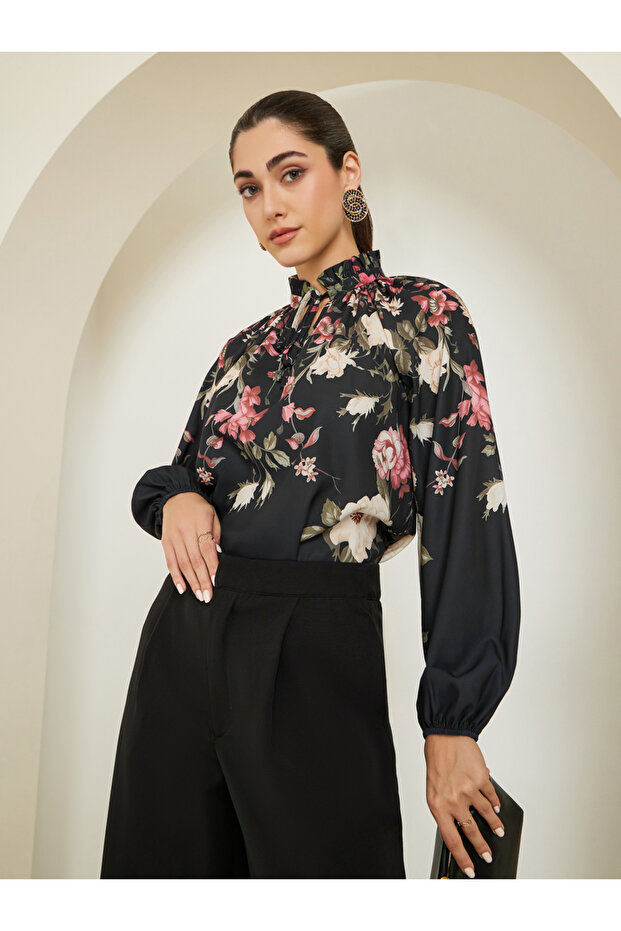 Women Black Floral Printed Blouse