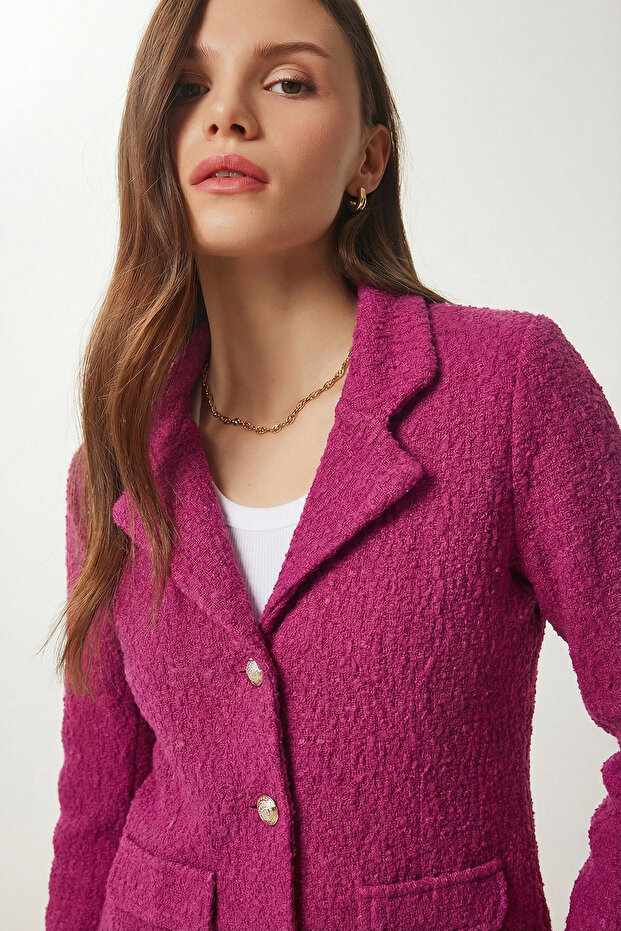 Shoulder Pad Stylish Buttoned Tweed Jacket Lze0015 Dark Pink