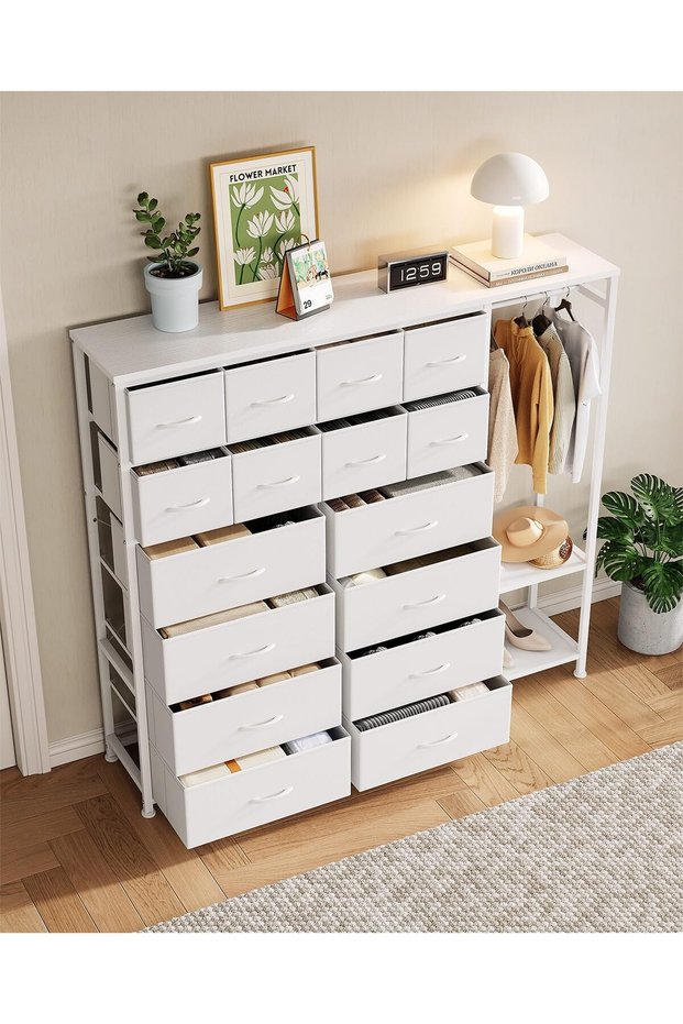 16-Drawer Tall Dresser with Clothes Rack Storage Dresser for Bedroom for Clothes, Shoes, Accessories