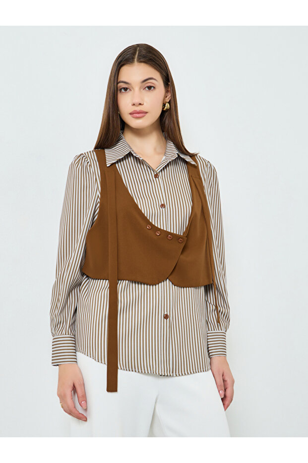 Women Brown Striped Long Sleeve Shirt