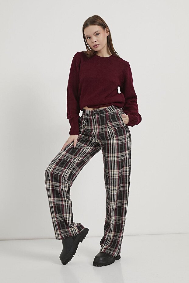 Plaid Palazzo Pants claret red