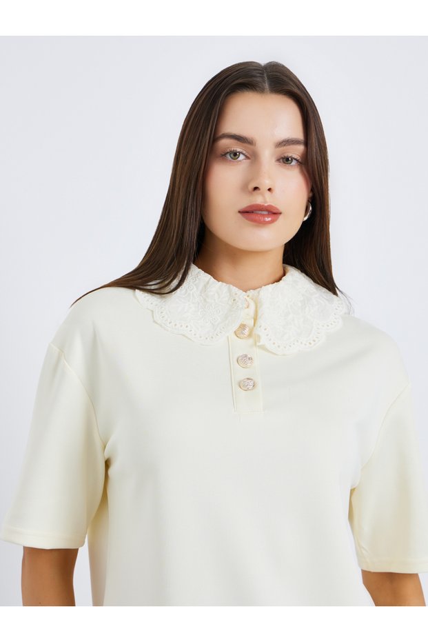 Women White Polo T-Shirt with Lace Collar