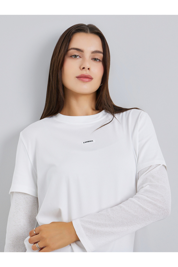 Women White Slogan Print Layered Sleeve T-Shirt