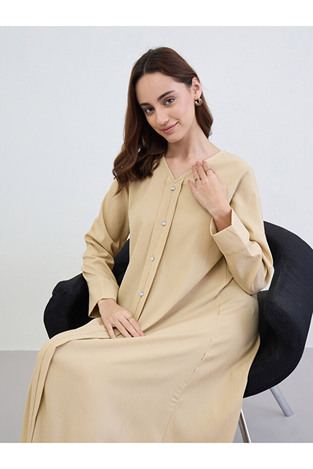 Women Yellow A-Line Jalabiya with Crystal Buttons