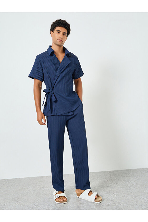 Men Navy Blue Tie-Up Short Shirt and Pants Co-Ords