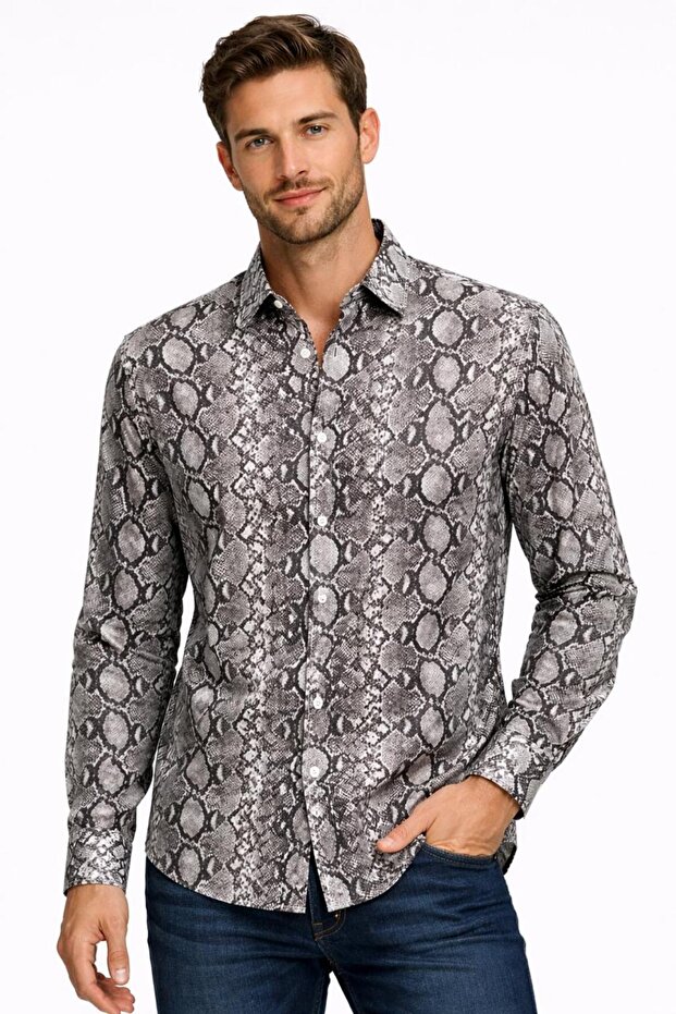 Men’s Snake Print Shirt – Long Sleeve Button-Down Polyester Woven Casual & Party Wear Shirt