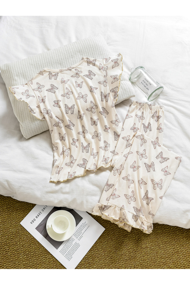 Women Beige Butterfly Print Top and Pyjama Set