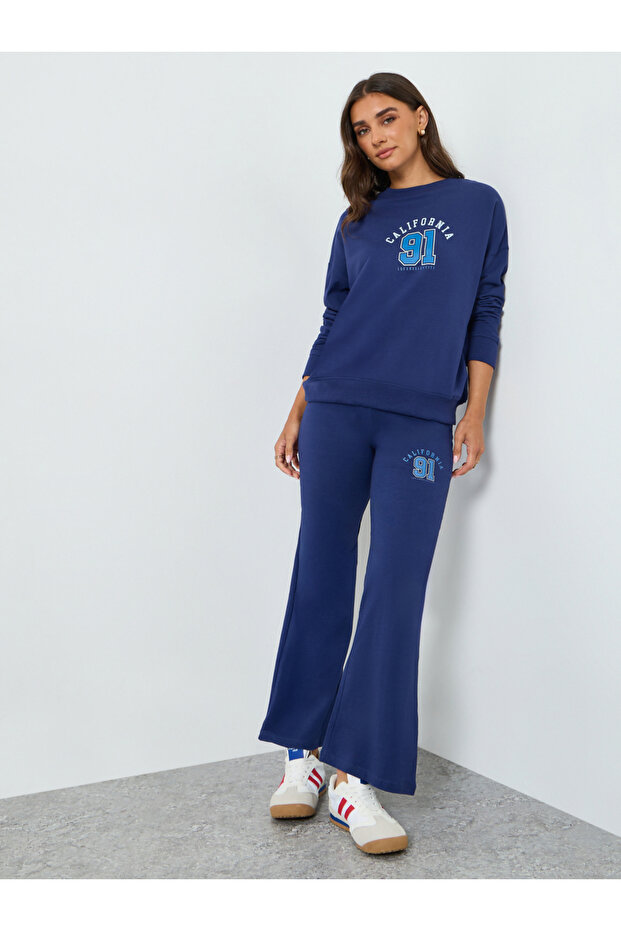 Women Navy Blue Sweatshirt and Wide Leg Pants Co-Ords