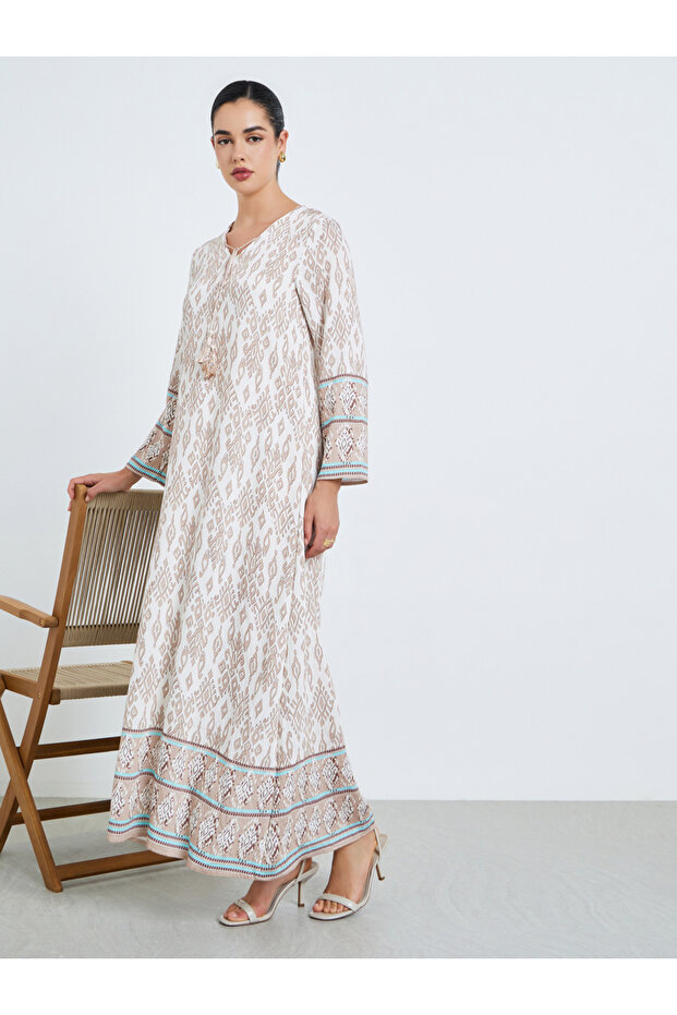 Women Beige All-Over Print A-Line Jalabiya