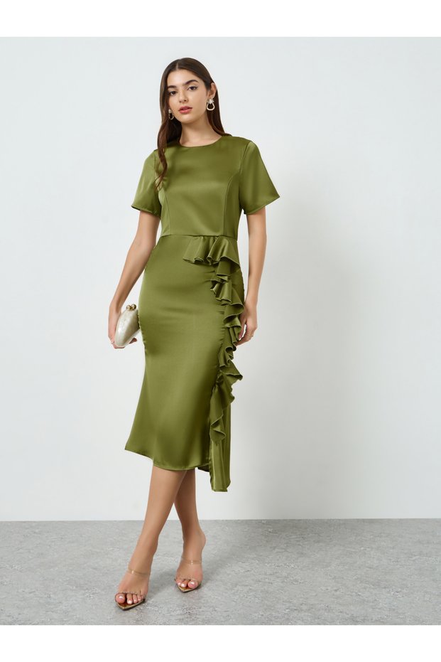 Women Green Ruffle Detail Sheath Midi Dress
