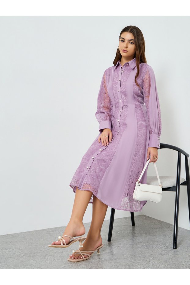 Women Lilac Cuffed Sleeves Shirt Midi Dress
