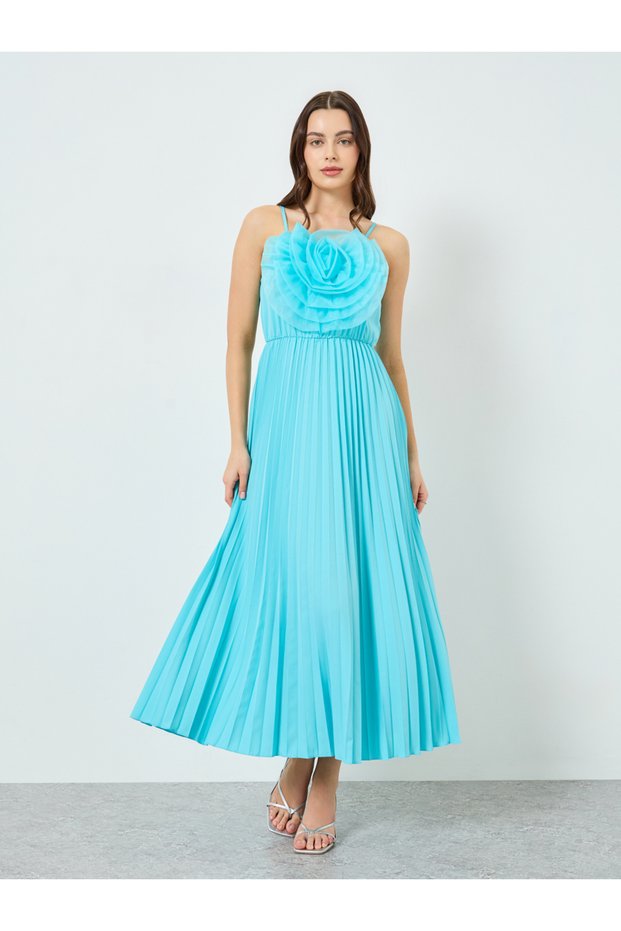 Women Teal Big Flower Detail Sleeveless Maxi Dress