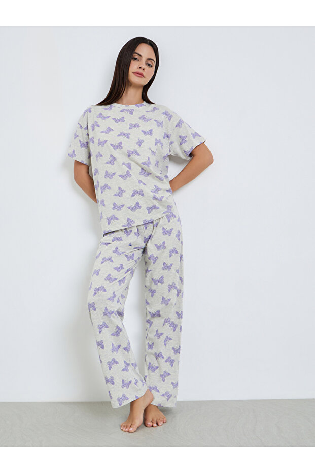Women Butterfly Print T-Shirt and Pyjama Set