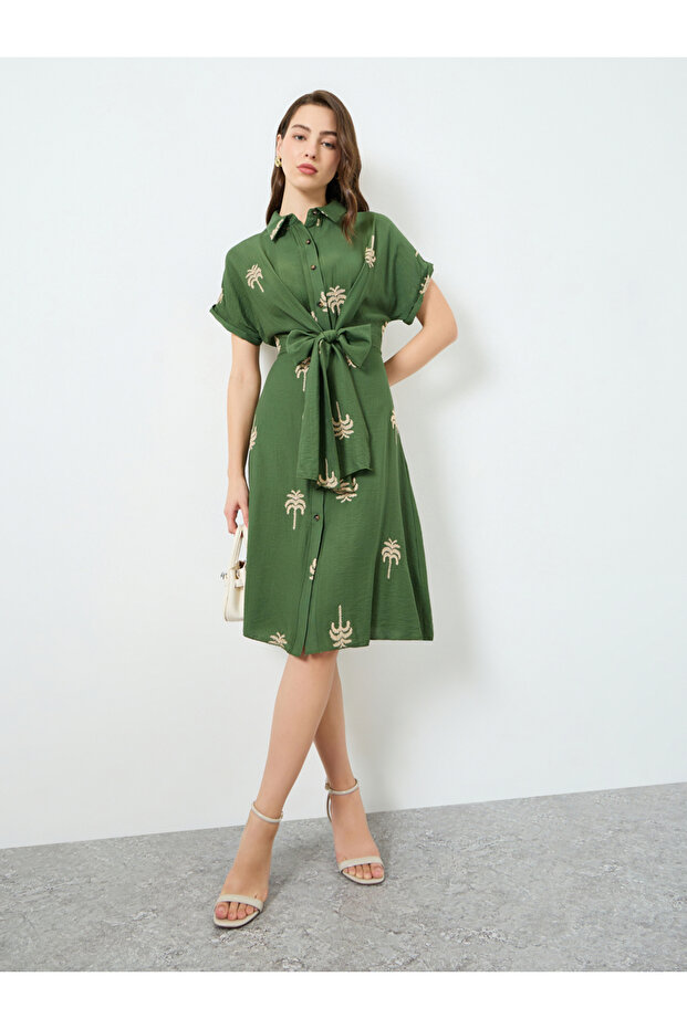 Women Green Embroidered Belted Knee-length Dress
