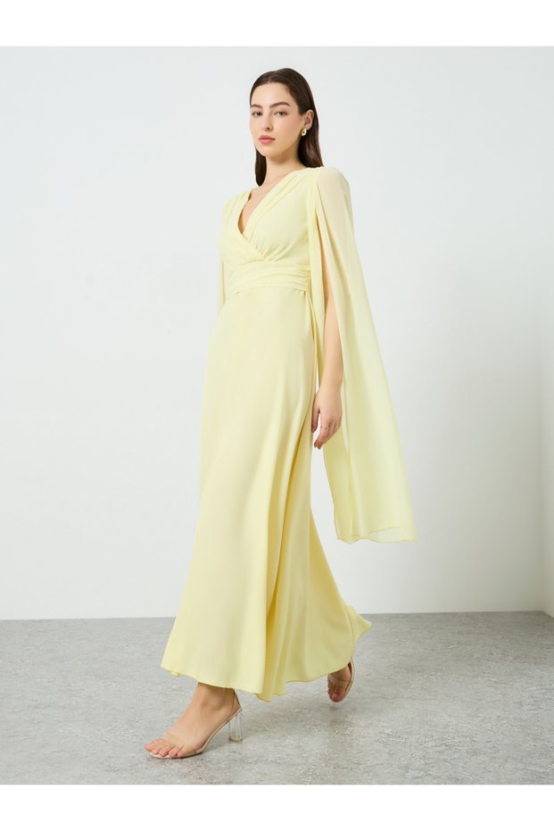 Women Yellow Crossed Fitted Waist Cape Maxi Dress