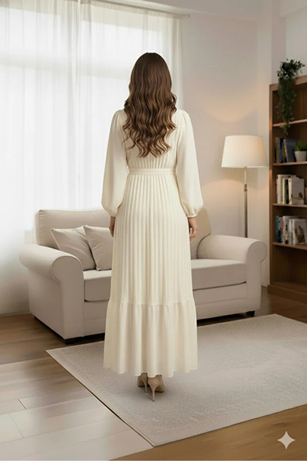 Piliseli şifon elbise Krem - 5