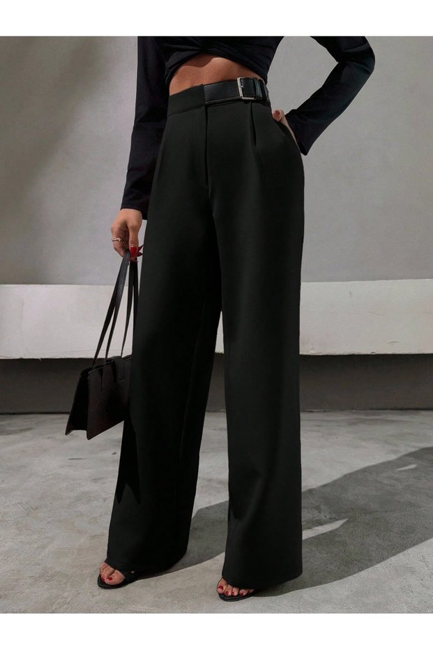 Hijab Women's Half-Belted Wide-Leg Palazzo Fabric Trousers