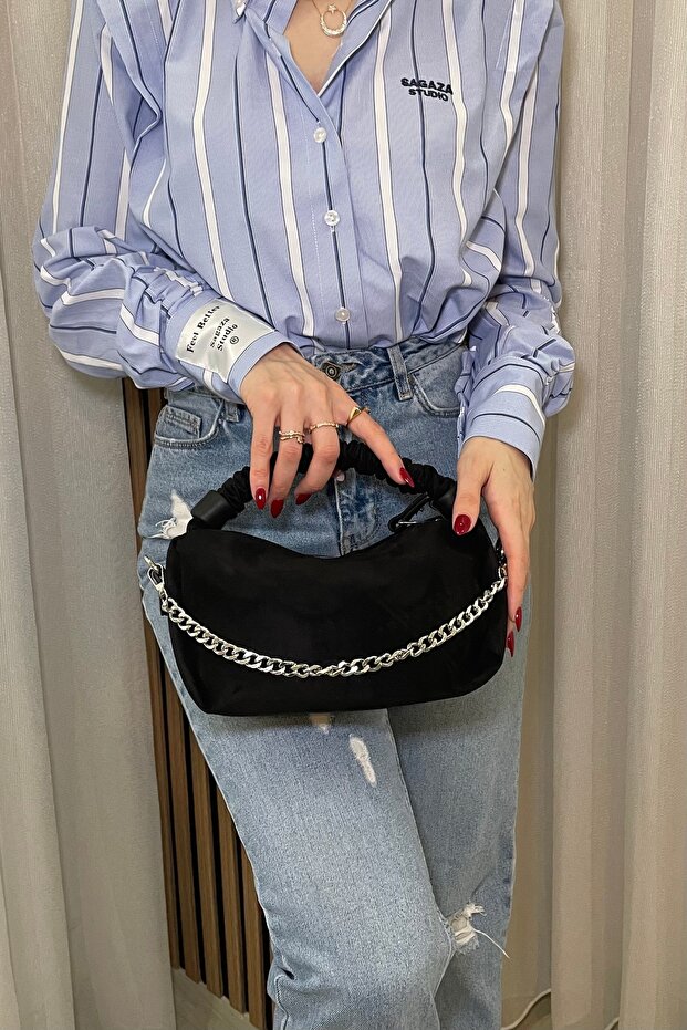 Women's Black Shoulder Bag - Chain Detail - Stylish Daily Bag with Drawstring Handle - Fibag