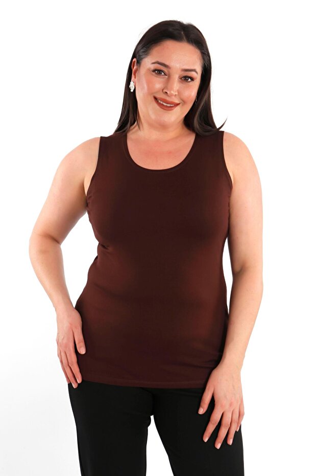 Plus Size Wide Strap Basic Brown Blouse (T-Shirt) - 3