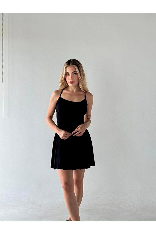 Sırt Dekolteli Bağlamalı Mini Elbise - 5