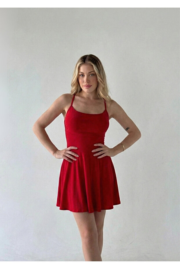 Sırt Dekolteli Bağlamalı Mini Elbise - 3