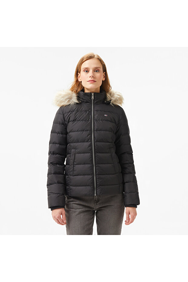 Jeans Basıc Hooded Down Kadın Siyah Ceket - 4