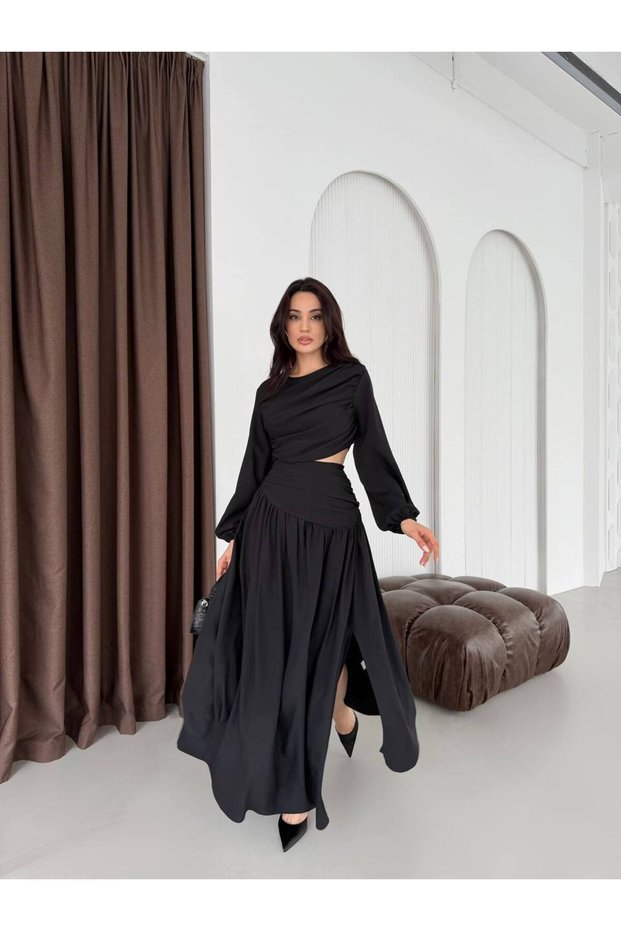 women's waist detail shoulder ruched black dress