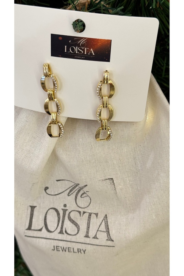 Gold Plated Stone Detailed Chain Shape Earrings