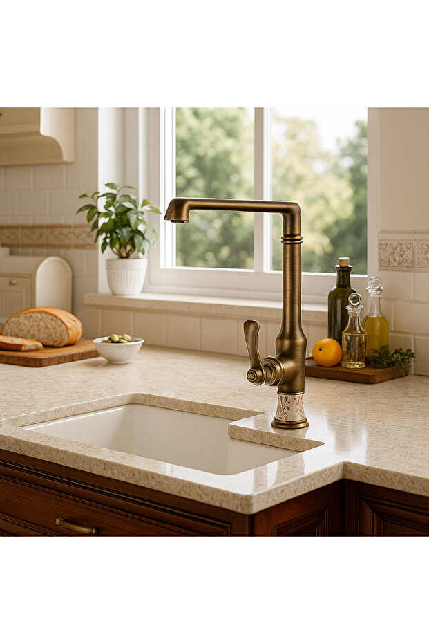 Saray Antique Vintage Ceramic Patterned Kitchen Faucet – 360 ° Rotating Pipe, Water-Saving