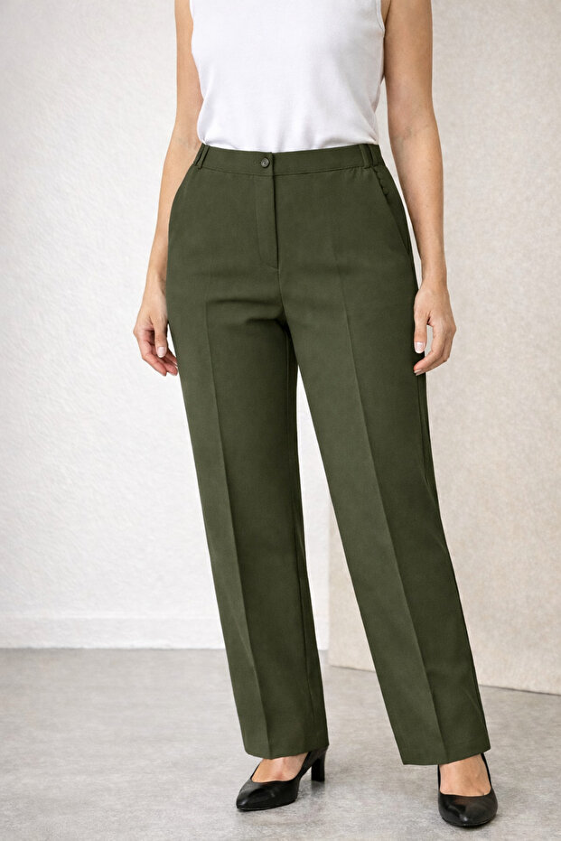 Women's Ankle-Length Fabric Trousers with Elastic Sides and Button Front