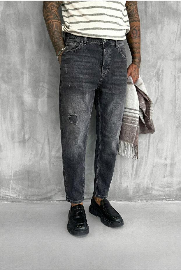 Boyfriend Carrot Cut Distressed Black Denim Men's Jeans Mz815